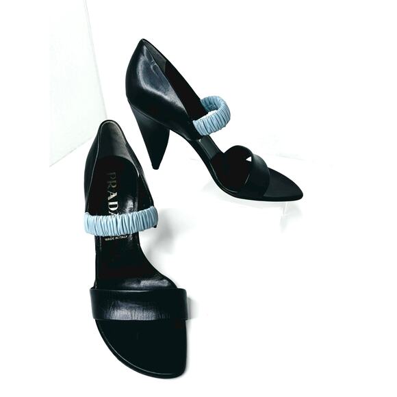 Vintage Prada Black Leather Heels with Blue Ruched Elastic Strap Size 36.5 - Picture 5 of 10